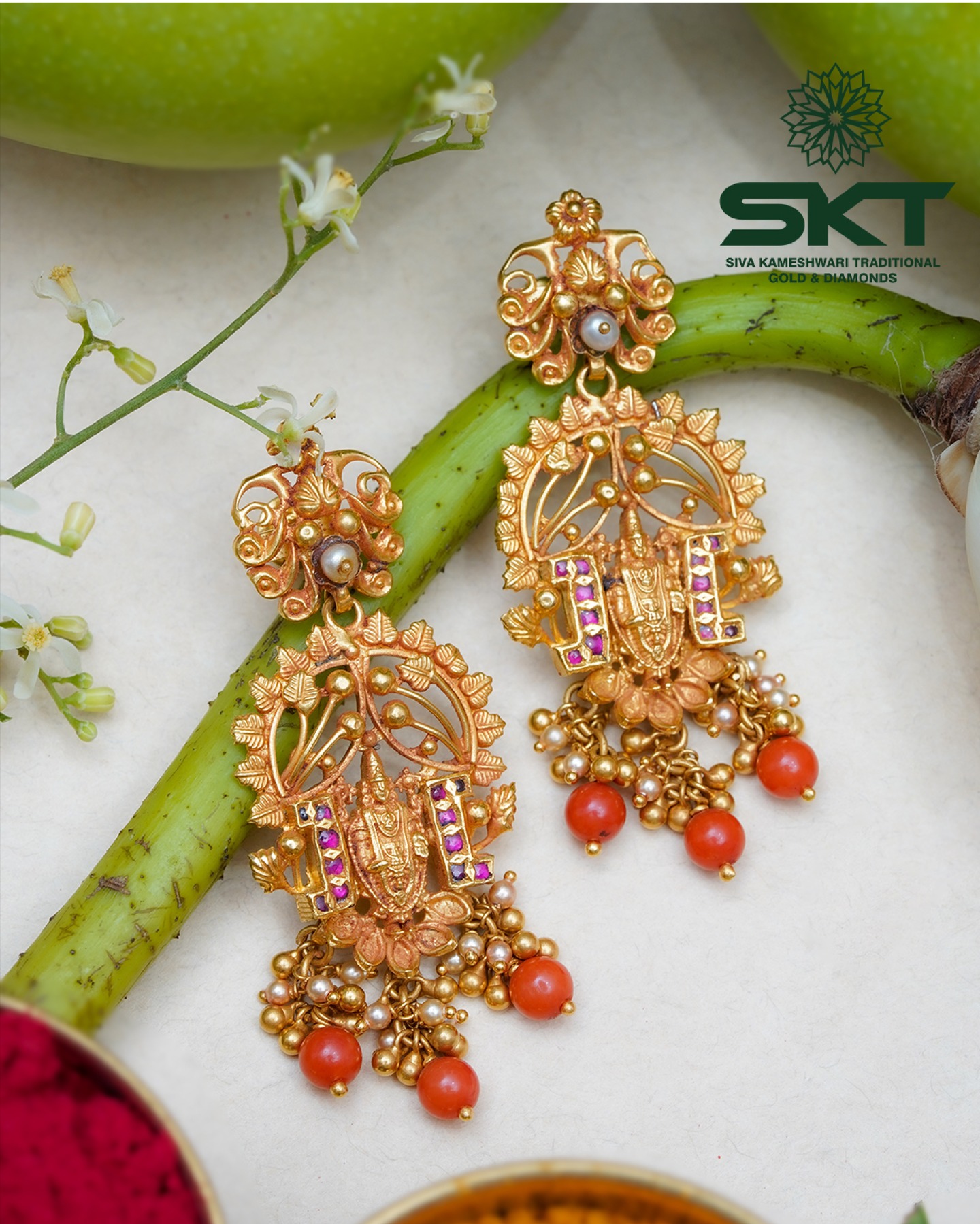 bridal gold jewellery design, Venkateshwara swamy gold earrings.